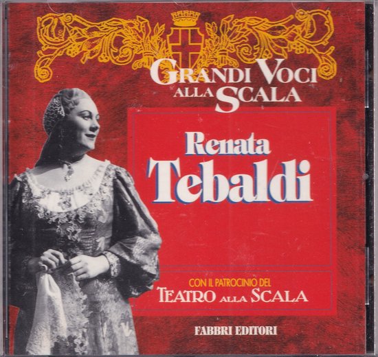 Renata Tebaldi dans une robe dorée sur la pochette de l'album 'Grandi Voci alla Scala'.