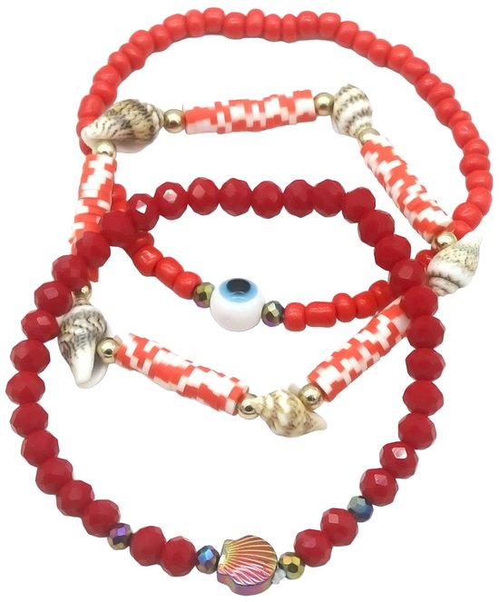 Set Bracelets - Coquillages et Perles - 3 Pièces - Rouge
