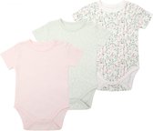 Baby Berliée - Set van 3 katoenen body's met korte mouwen - Pasgeboren - Rompertjes voor Meisjes - Groen/Roze/Wit - Bloemen (3-6 Maanden)