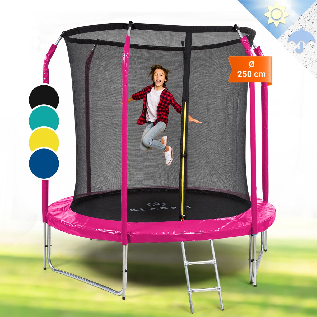 Klarfit Jumpstarter trampoline 25m Ø veiligheidsnet 120kg max. door een stabiele ladder van volledig verzinkt staal pink
