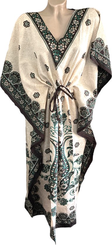 Kaftan - Jurk - Lang - Bloemenprint - Beige/Donkerbruin - Maat One size (335)