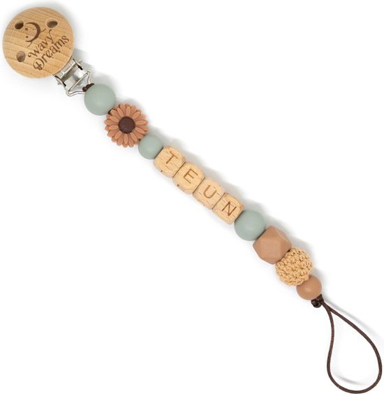 Wavy Dreams - Combiset Speenkoord & Sleutelhanger / Luiertashanger - Speenkoord met naam - Jongen - Kraamcadeau - Natuurtinten - Speenketting met naam - Sleutelhanger met naam - Model Teun van Wavy Dreams — afbeelding 3