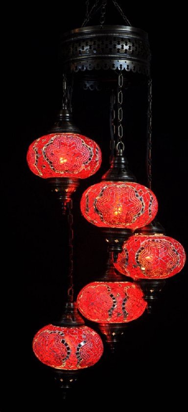 Turkse Lamp Hanglamp Mozaïek Marokkaanse Oosters Handgemaakt Kroonluchter Rood 5 bollen