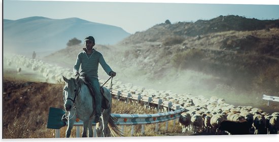 Dibond - Boer op Paard voor Kudde Schappen op Bergweg - 100x50 cm Foto op Aluminium (Met Ophangsysteem)