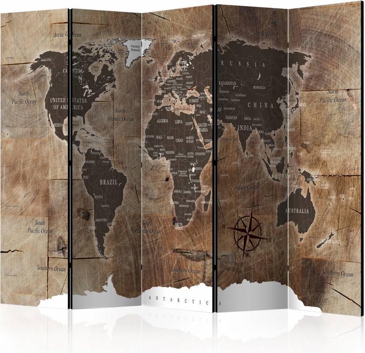 Vouwscherm / Kamerscherm - Wereldkaart 225x172cm , gemonteerd geleverd, dubbelzijdig geprint