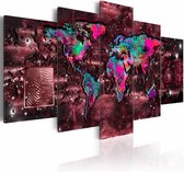 Schilderij - Robijnen Reis - Wereldkaart ,multi kleur , 5 luik