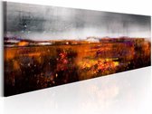 Schilderij - Herfst Veld , rood grijs ,  wanddecoratie , premium print op canvas