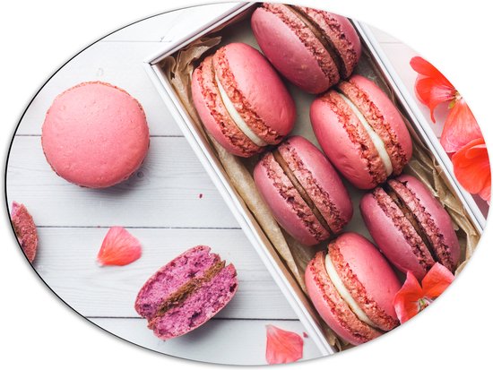 Dibond Ovaal - Doosje Gevuld met Romige Roze Macarons omringd door Bloemblaadjes - 80x60 cm Foto op Ovaal (Met Ophangsysteem)