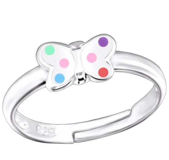 Joy|S - Zilveren vlinder ring - verstelbaar - wit met gekleurde stipjes - voor kinderen