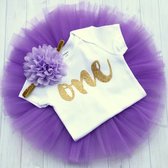 3-delig luxe 1e verjaardag setje One Purple, Gold and White - 1 - eerste - verjaardag - cakesmash - tutu - maat 80 - one