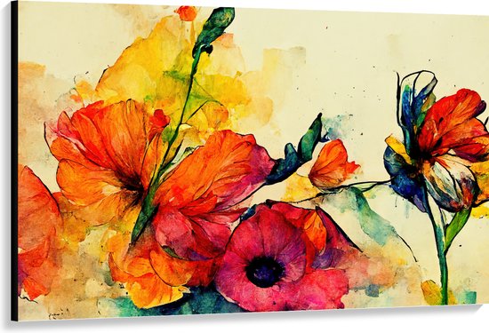 Canvas - Abstracte Bloemen in Verschillende Kleuren van Waterverf - 150x100 cm Foto op Canvas Schilderij (Wanddecoratie op Canvas)
