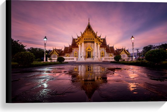 Canvas - Boeddhistische Wat Benchamabophit Tempel met Gouden Details in Bangkok, Thailand - 60x40 cm Foto op Canvas Schilderij (Wanddecoratie op Canvas)