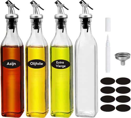 Quality Needz - Olieflessen - 4 Delige Set - 500ML - Met Schenktuit, Trechter, Stickers & Stift - Oliefles Glas - Olie- en Azijnstel - Glazen Oliefles - Olijfolie Fles - Kan