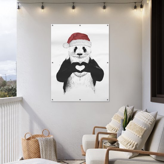Affiche de jardin - Toile de jardin - Posters de jardin extérieur - Panda - Bonnet de Noel - Coeur - Amour - 90x120 cm - Jardin