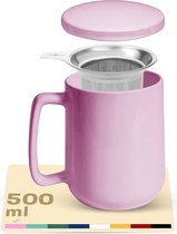 Mug à thé avec passoire et couvercle - céramique rose - garde longtemps au chaud - 500 ml XXL large - passe au lave-vaisselle