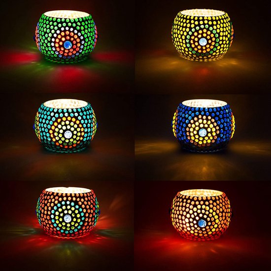 Set van 6 Oosterse mozaïek windlichten Ajan 9 cm groot bont | Oosterse glazen theelichthouders oosterse | Marokkaanse windlichten van glas als decoratie | 6 stuks
