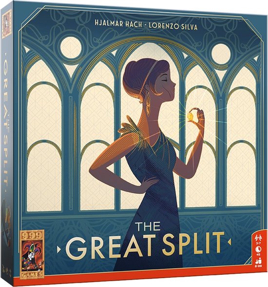 Doos van het bordspel 'The Great Split' met een Art Deco-illustratie van een vrouw en een raam.