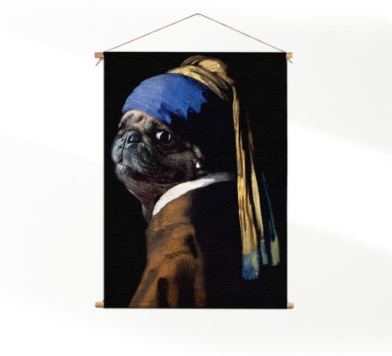 Textielposter Menselijke Bulldog Hond Als Meisje Met De Parel M (55 X 40 CM) - Wandkleed - Wanddoek - Wanddecoratie