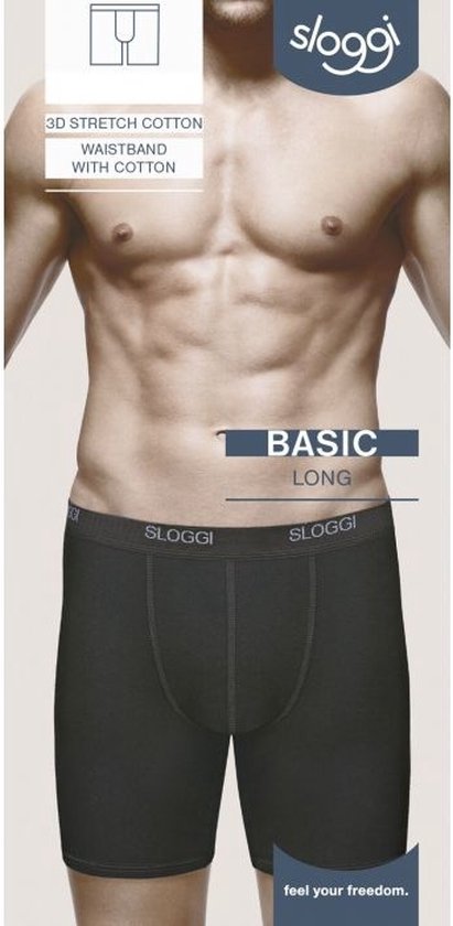 Zwarte katoenen boxershort voor heren met grijze Sloggi-letters, 'BASIC LONG' label.