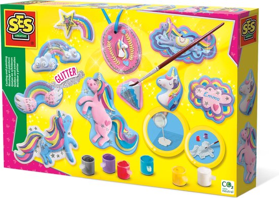 SES - Gieten en schilderen - Eenhoorns - unicorn - sneldrogend - met vormpjes, gips, verf, penseel, glitters, gladstrijkkam en satijnband