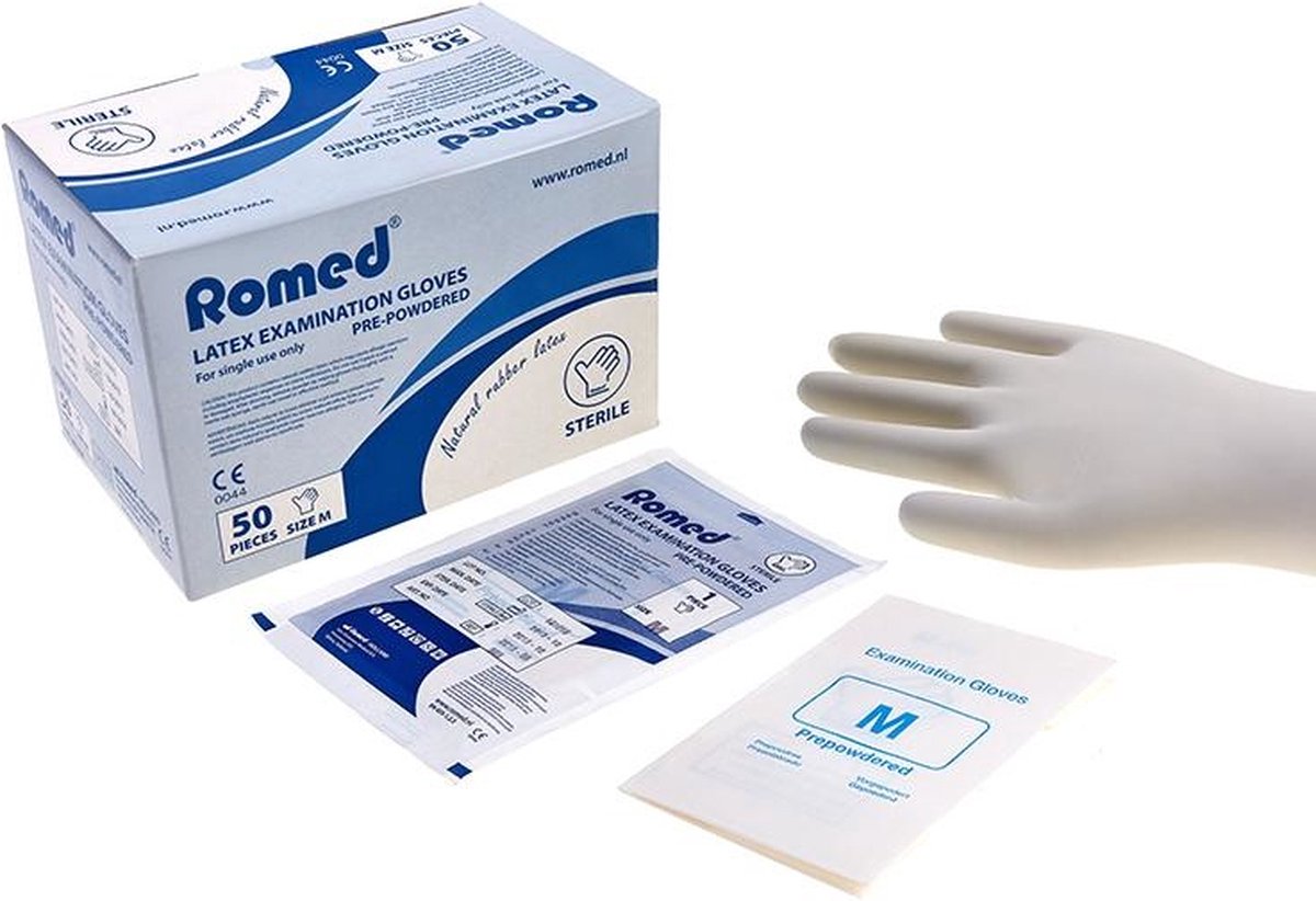 Romed 50 paar latex handschoenen steriel Medium Romed - Wit - Latex - Steriel verpakt per paar - Steriel verpakt