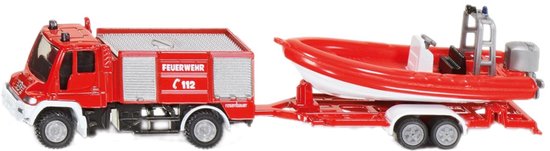SIKU 1636, Brandweer Unimog met boot, 1:87, metaal/kunststof, rood, brandweerauto en drijvende boot, rubberen banden, trekhaak