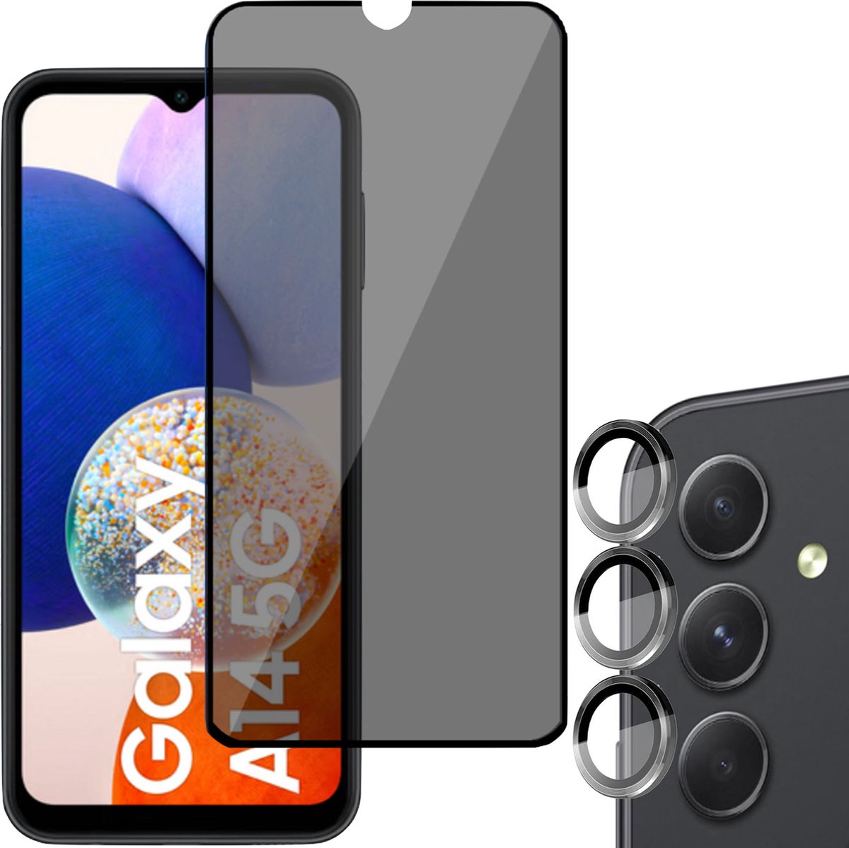 Privé Screenprotector geschikt voor Samsung A14 5G + Beschermglas Camera Lens - Privacy
