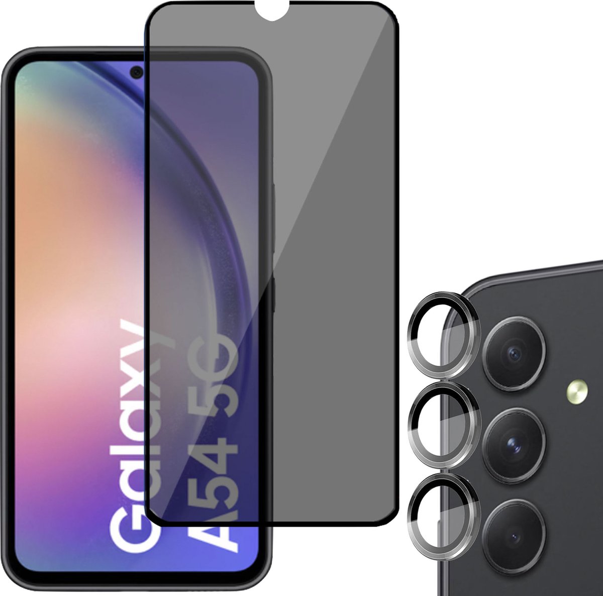 Privé Screenprotector geschikt voor Samsung A54 + Beschermglas Camera Lens - Privacy