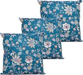 Anna's collection buitenkussen bloem - 3x - blauw/paars - 60 x 60 cm - Water en UV bestendig