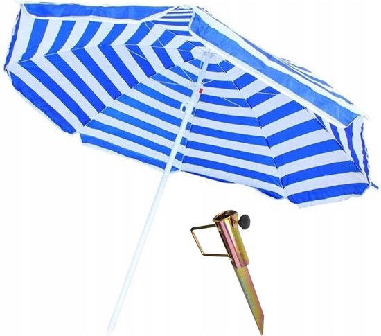 Blauw/wit gestreepte strand/camping parasol - Dia 165cm - met grondpen/haring - Verstelbaar - Stokparasol - Strandparasol