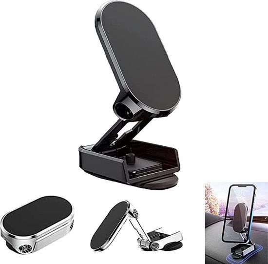 Zwarte magnetische telefoonhouder met zilverkleurig magnetisch deel, staande telefoonhouder en standaard opstelling.