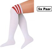 5x Paar Lange sokken wit met rode strepen - maat 36-41 - Lieskousen - kniekousen overknee kousen sportsokken cheerleader carnaval voetbal hockey unisex festival