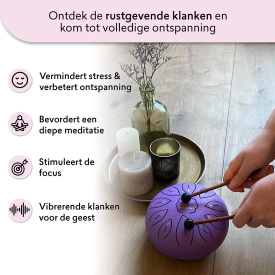 BrellaVio Handpan met Lesboek - Let op: afmeting 16cm ø - Paars - Healing Steel Tongue Drum - Hand Klankschaal - Hang Drum - Lotus Tong Muziektherapie van BrellaVio — afbeelding 2