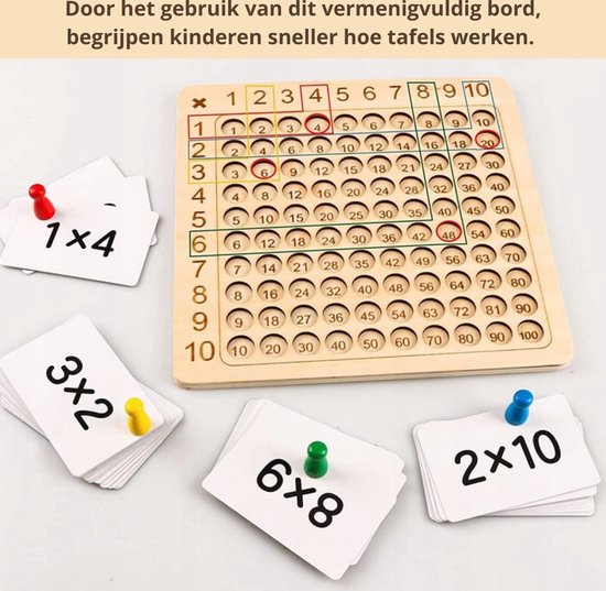 Houten vermenigvuldigingsbord met pionnen en kaarten met sommen zoals '1x4' en '3x2'.