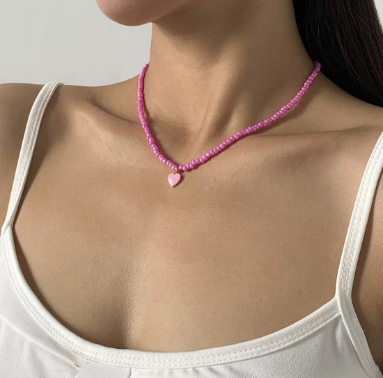 Choker ras du cou Leerella rose avec pendentif coeur - Collier Perles Boho - Colliers - Choker du cou uni perles - Saint Valentin - Fête des mères - Cadeaux.