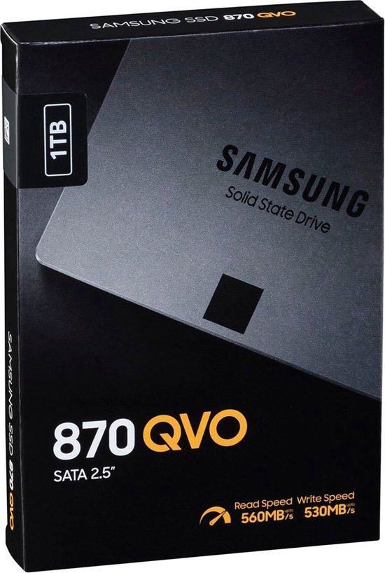 Doos van Samsung SSD 870 QVO 1TB, SATA 2.5". Met lees-/schrijfsnelheden van 560MB/s en 530MB/s.