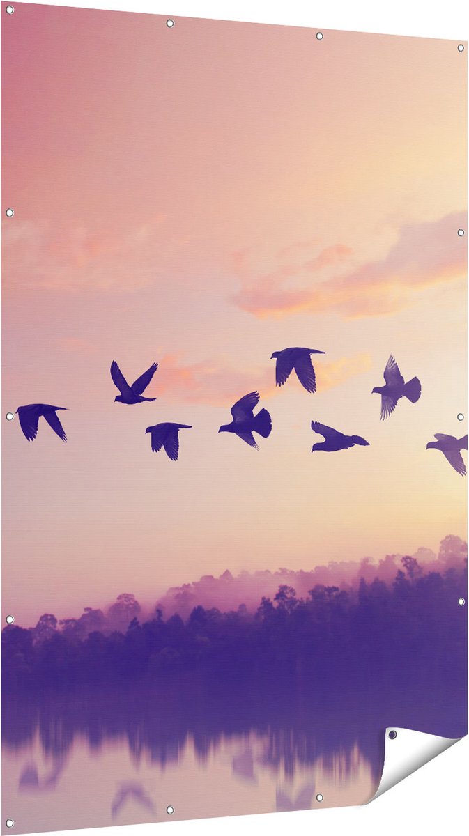 Gards Tuinposter Silhouet Vogels tijdens Zonsondergang - 120x180 cm - Tuindoek - Tuindecoratie - Wanddecoratie buiten - Tuinschilderij Multikleur