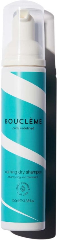 Witte fles met blauwe strepen en de tekst 'BOUCLÈME foaming dry shampoo'.