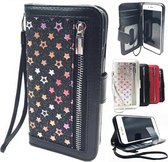 Samsung A3 2017 Zwarte Glitter met sterren Wallet / Book Case / Boekhoesje/ Telefoonhoesje met rits en hoesjeswebstylus