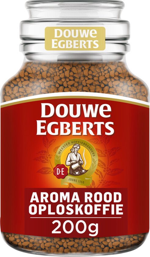 Douwe Egberts Aroma Rood oploskoffie pot van 200 gram, gevuld met koffiekorrels.