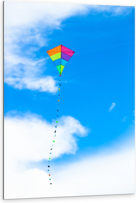 Dibond - Foto van Kleurrijke Vlieger onder Schapenwolken - 80x120 cm Foto op Aluminium (Wanddecoratie van metaal)