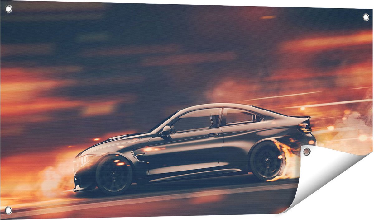 Gards Tuinposter Zwarte Sportwagen Auto met Vlammen - 100x50 cm - Tuindoek - Tuindecoratie - Wanddecoratie buiten - Tuinschilderij Multikleur