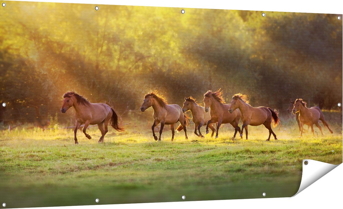 Gards Tuinposter Kudde Bruine Paarden in de Wei - 180x90 cm - Tuindoek - Tuindecoratie - Wanddecoratie buiten - Tuinschilderij Multikleur
