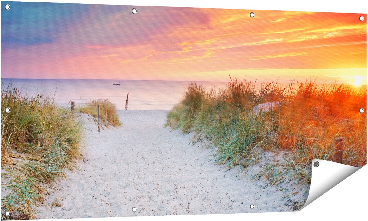 Gards Tuinposter Strand en Duinen bij Zonsondergang - 140x70 cm - Tuindoek - Tuindecoratie - Wanddecoratie buiten - Tuinschilderij Multikleur