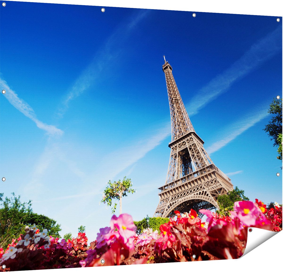 Gards Tuinposter Eiffeltoren in Parijs met Bloemen - 150x120 cm - Tuindoek - Tuindecoratie - Wanddecoratie buiten - Tuinschilderij Multikleur