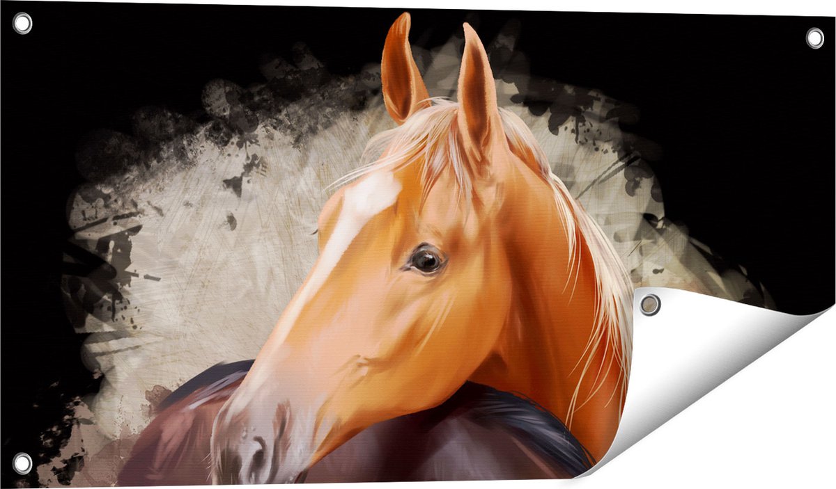 Gards Tuinposter Twee Getekende Knuffelende Paarden - Abstract - 80x40 cm - Tuindoek - Tuindecoratie - Wanddecoratie buiten - Tuinschilderij Multikleur