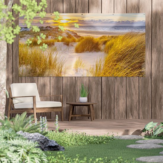 Gards Tuinposter Strand en Duinen tijdens Zonsondergang - 200x100 cm - Tuindoek - Tuindecoratie - Wanddecoratie buiten - Tuinschilderij