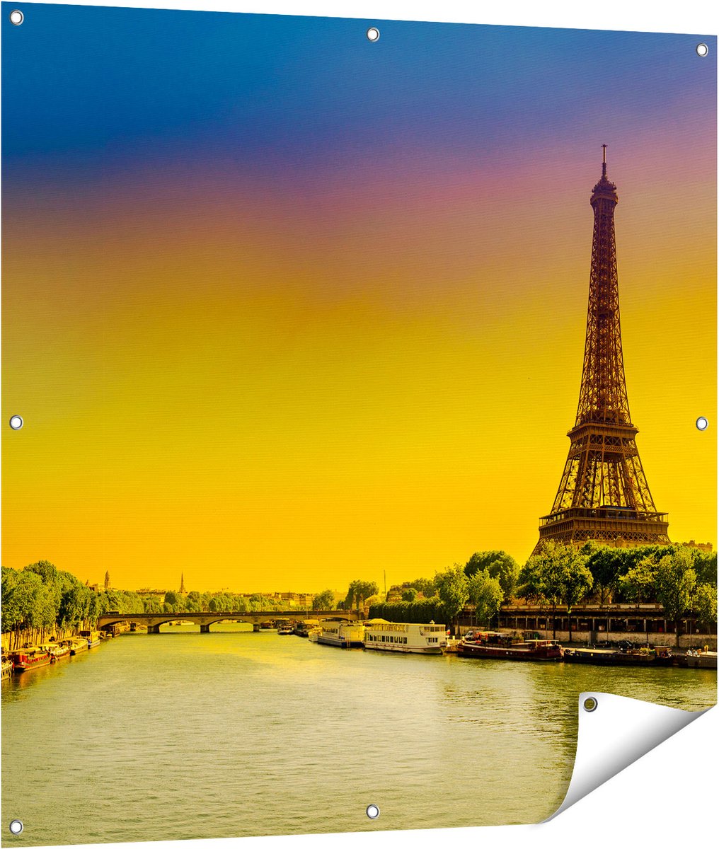 Gards Tuinposter Eiffeltoren in Parijs tijdens Zonsopgang - 100x100 cm - Tuindoek - Tuindecoratie - Wanddecoratie buiten - Tuinschilderij Multikleur