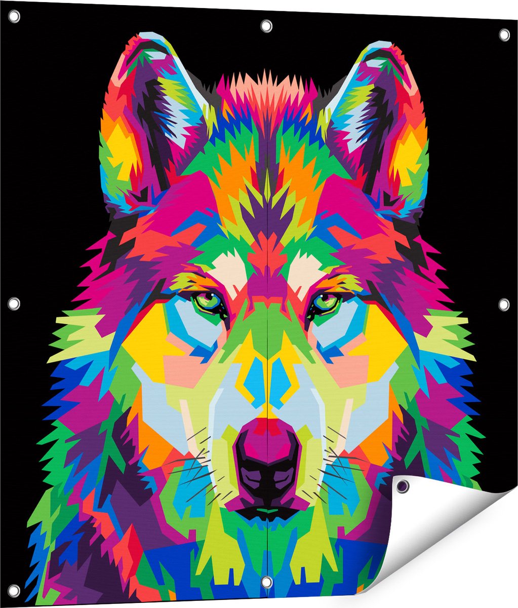 Gards Tuinposter Gekleurde Wolvenkop - Wolf - Abstract - 80x80 cm - Tuindoek - Tuindecoratie - Wanddecoratie buiten - Tuinschilderij Multikleur