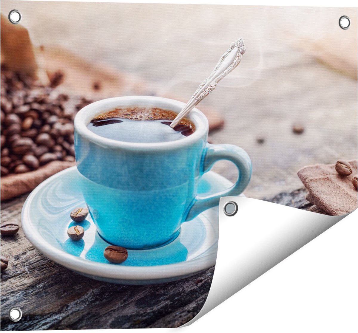 Gards Tuinposter Blauw Kopje Koffie met Koffiebonen - 50x40 cm - Tuindoek - Tuindecoratie - Wanddecoratie buiten - Tuinschilderij Multikleur